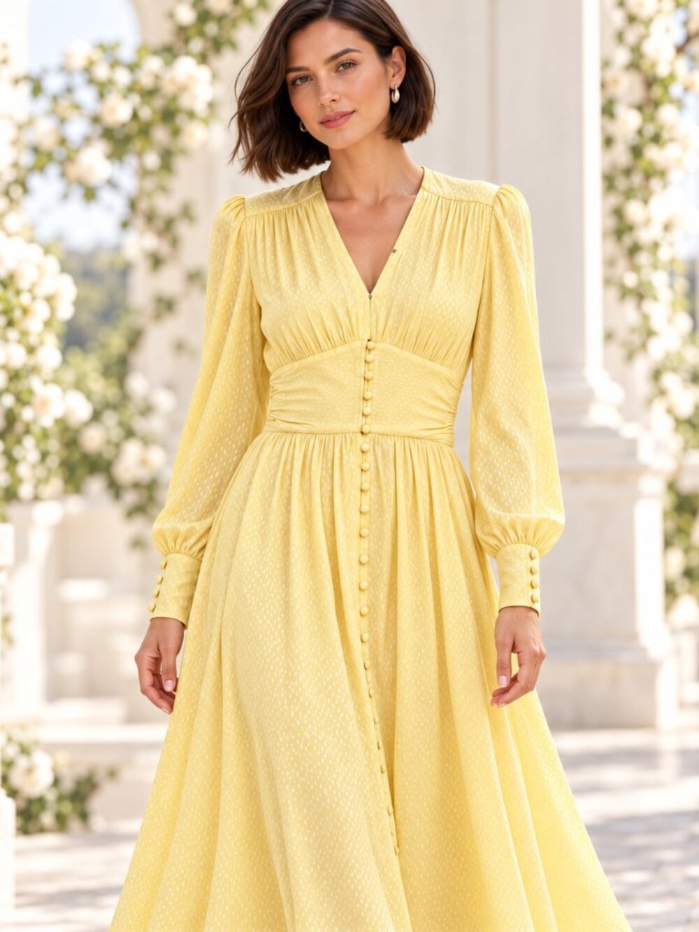 ROTATE Birger Christensen Yellow Long Sleeve Midi Dress US 4